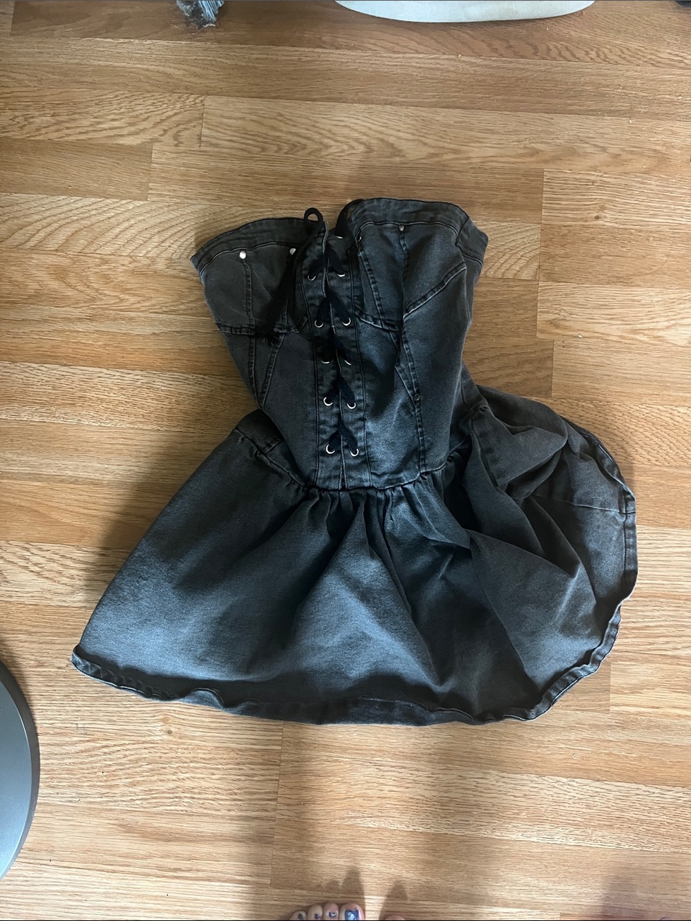 Women Black Denim Lace-Up Dress